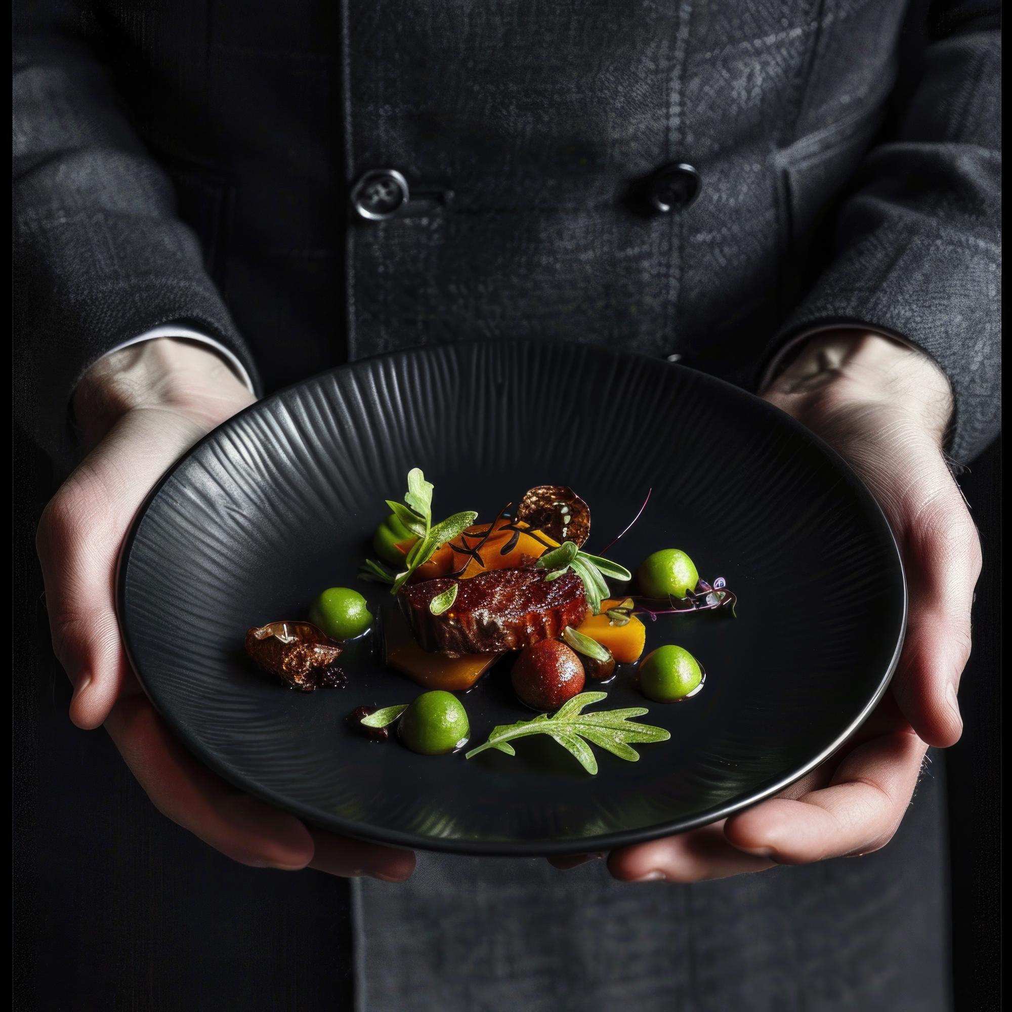 Chef arranging plated gourmet dish on dark table